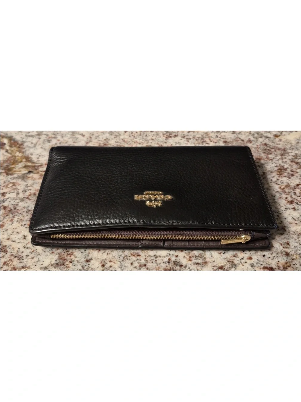 Coach Black Pebbled Leather Continental Wallet with Gold Emblem